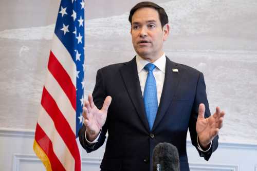 U.S. Secretary of State Marco Rubio speaks to the media during a refueling stop at Shannon Airport in Shannon, Ireland, March 12, 2025, as he travels from talks with Ukraine in Saudi Arabia to attending a G7 Foreign Ministers meeting in Canada.