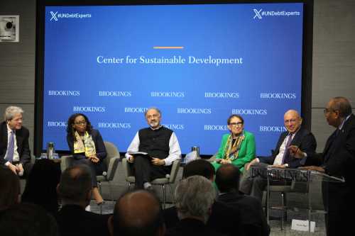 From left to right: Paolo Gentiloni, Vera Songwe, Indermit Gill, Rebeca Grynspan, Trevor Manuel, and Mahmoud Mohieldin at a high-level conversation convened by the Brookings Center for Sustainable Development on April 23, 2025. (Photo credit: Junjie Ren)