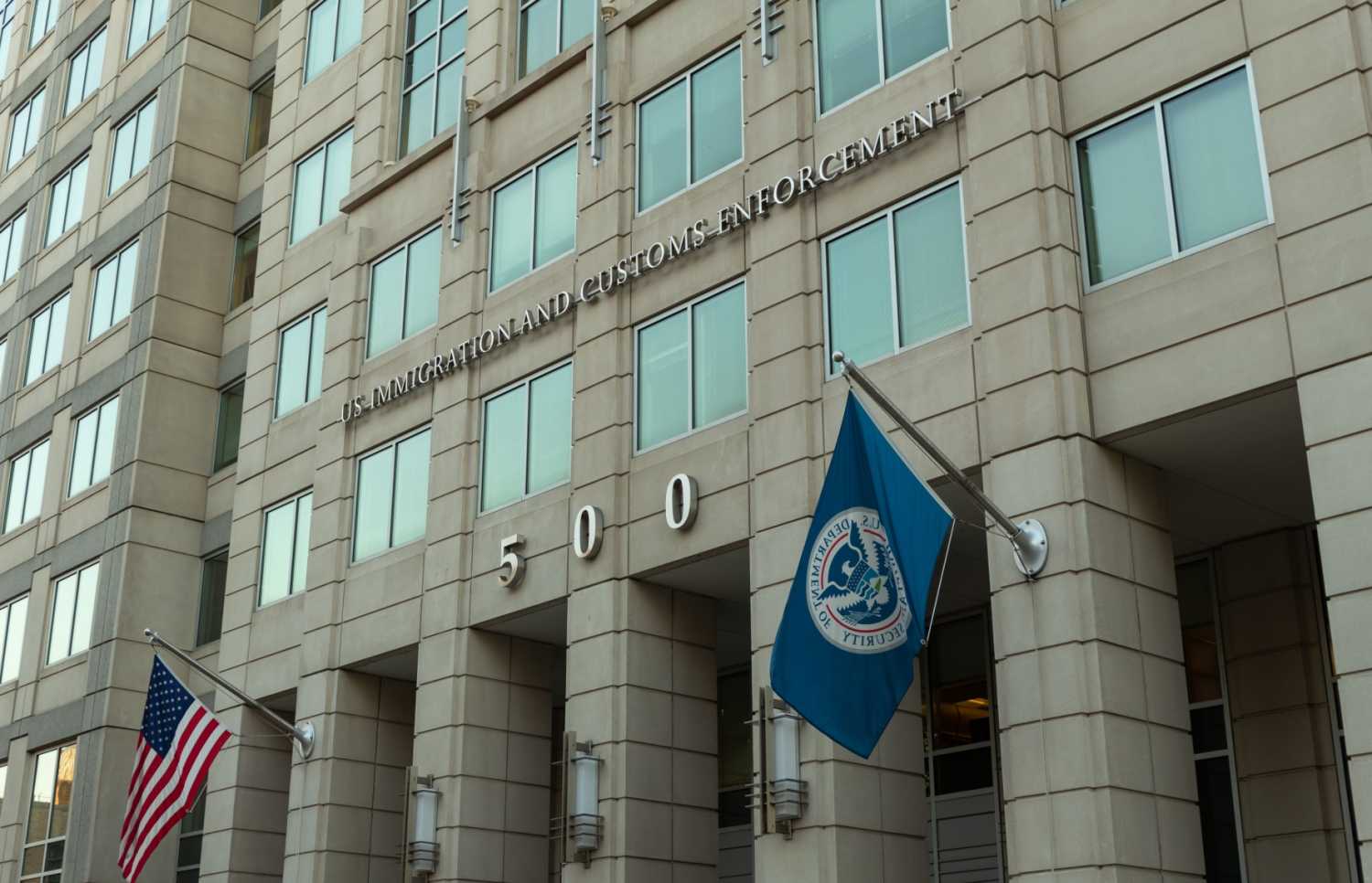 Photograph of the facade of the US Immigration and Customs Enforcement headquarters in Washington, DC