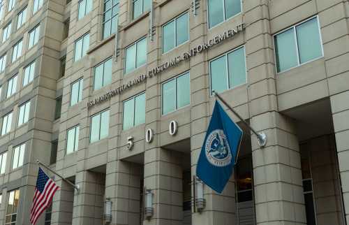Photograph of the facade of the US Immigration and Customs Enforcement headquarters in Washington, DC