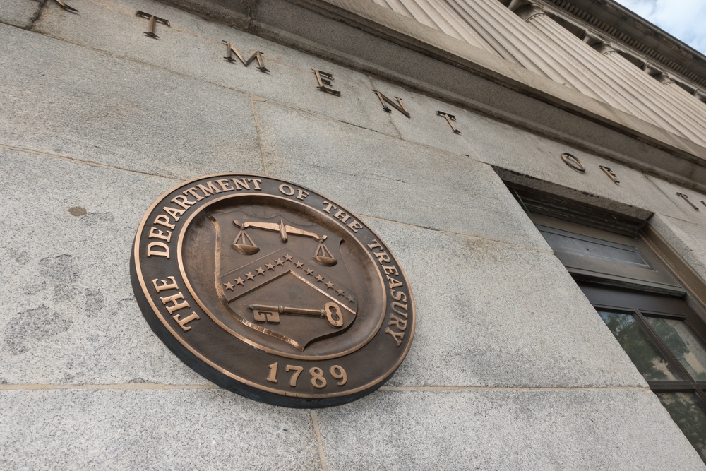 US Treasury Department building, with seal near one entrance
