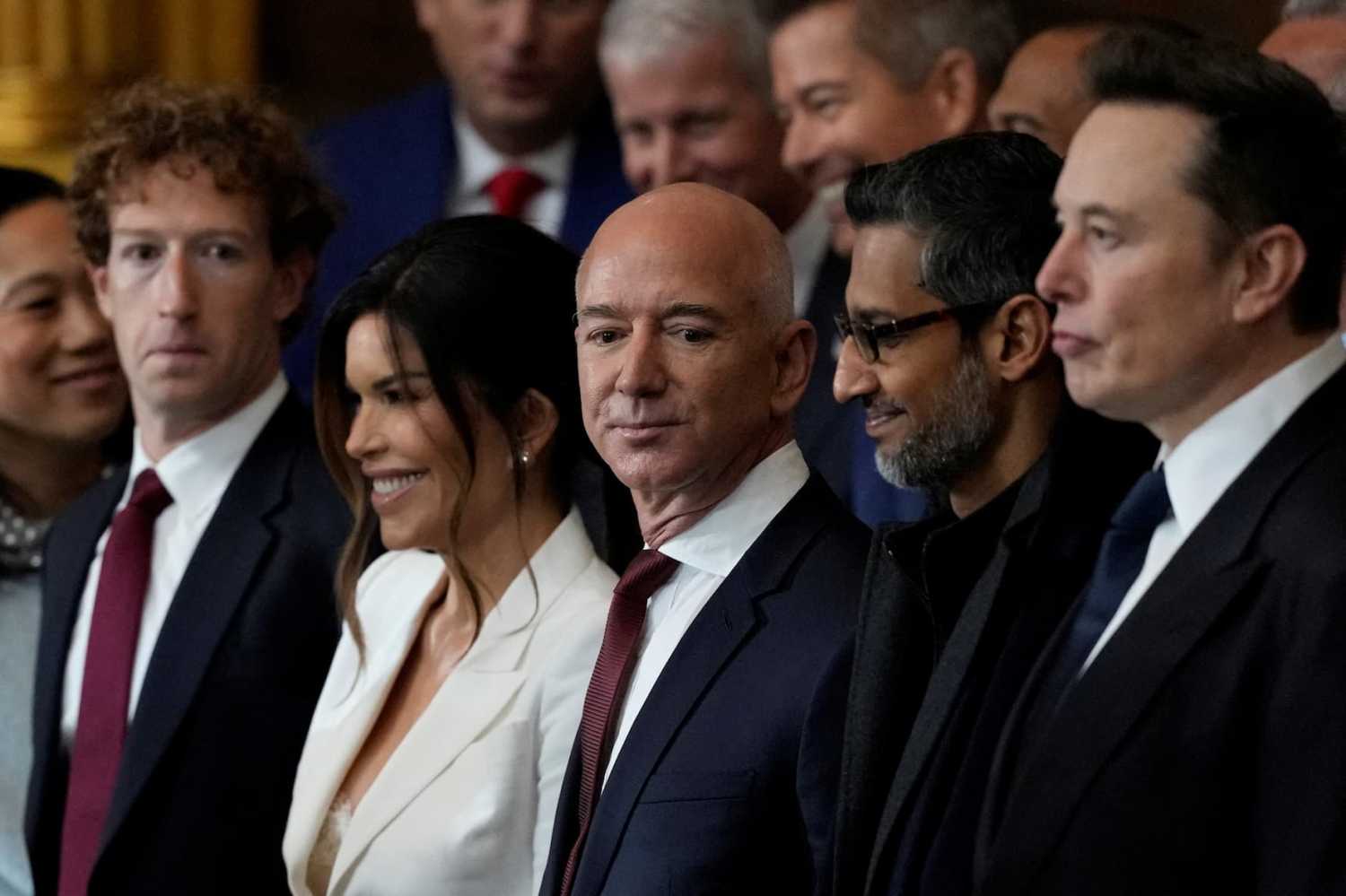 Guests including Mark Zuckerberg, Jeff Bezos, Sundar Pichai and Elon Musk arrive before the 60th Presidential Inauguration in the Rotunda of the U.S. Capitol in Washington, Monday, Jan. 20, 2025. Julia Demaree Nikhinson/Pool via REUTERS