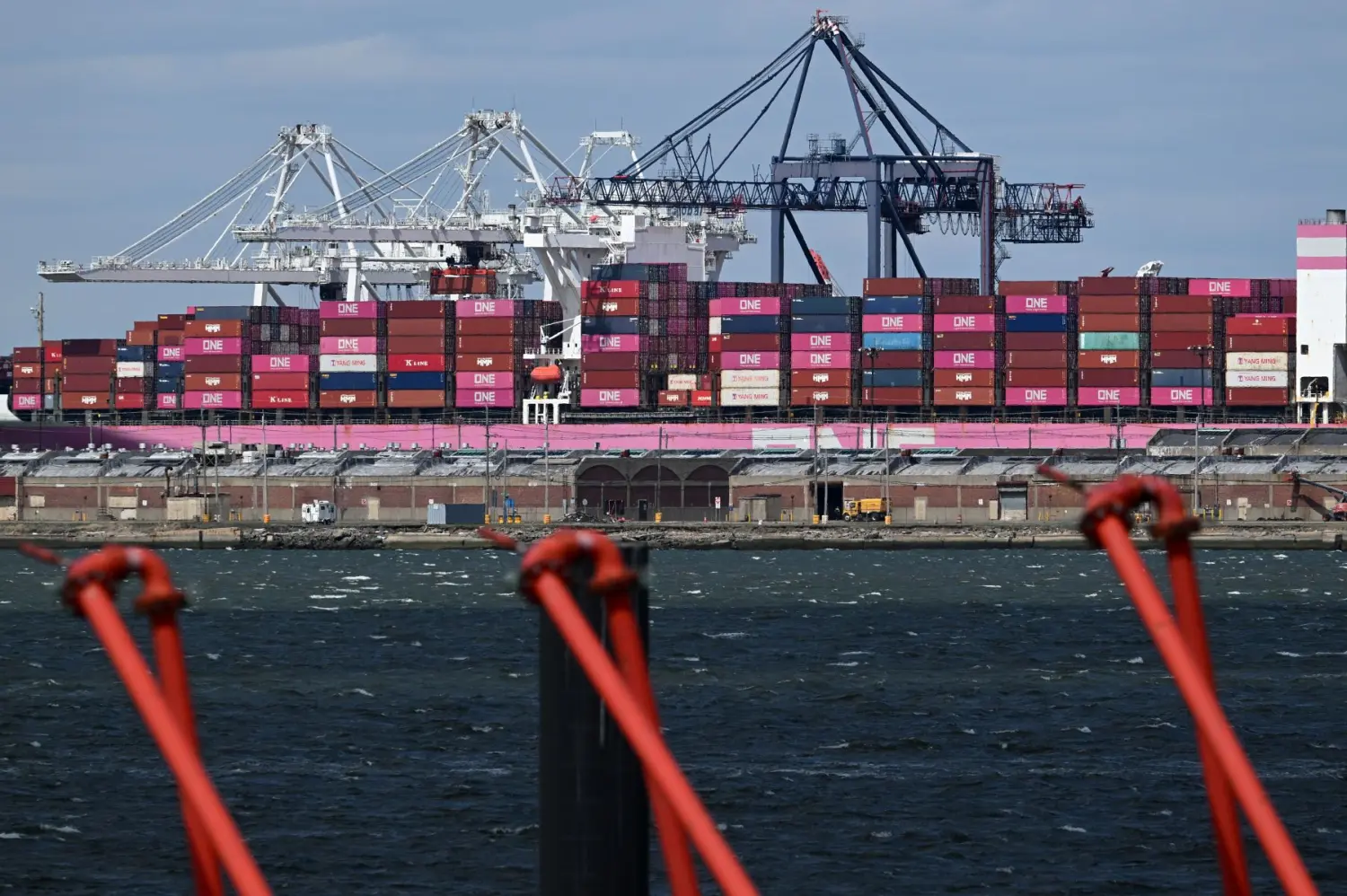 View out at a cargo ship stopped on the water