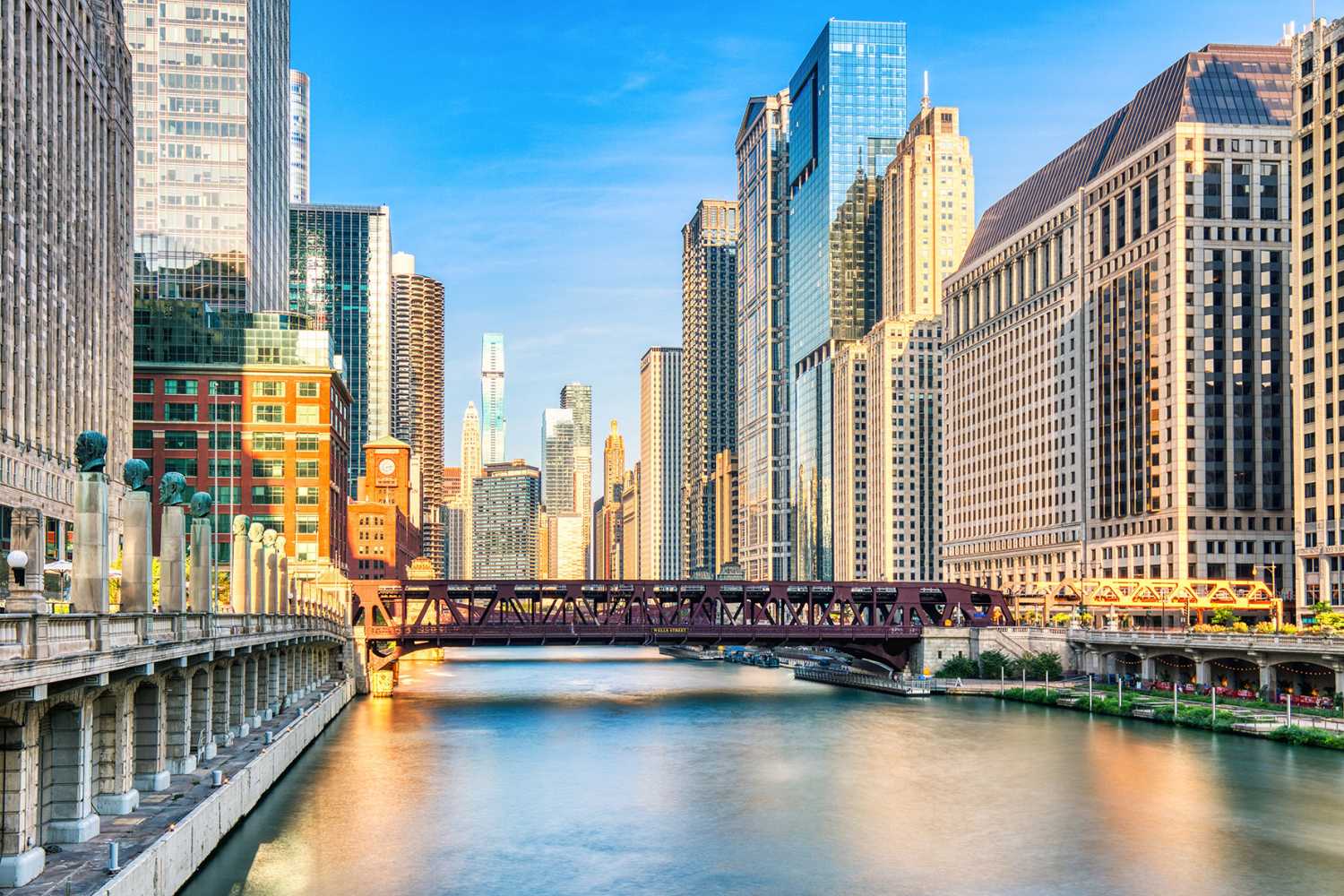 Chicago Downtown Cityscape with Chicago River at Sunset, Illinois