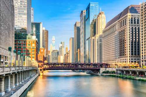 Chicago Downtown Cityscape with Chicago River at Sunset, Illinois