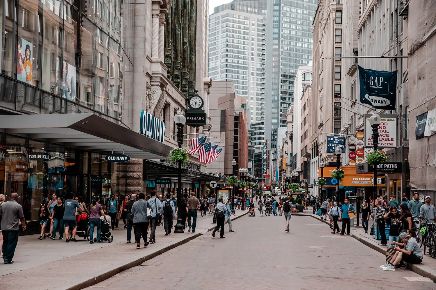 Boston, Massachusetts, USA - July 11, 2019: View of streets and buildings of Downtown Crossing, a pedestrian shopping zone in downtown Boston.