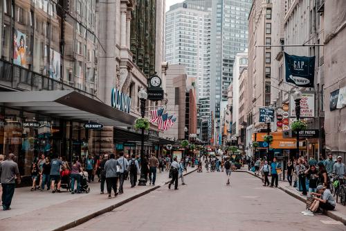 Boston, Massachusetts, USA - July 11, 2019: View of streets and buildings of Downtown Crossing, a pedestrian shopping zone in downtown Boston.
