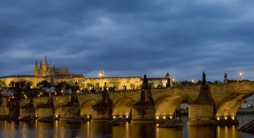A view of Prague's medieval Charles Bridge with Prague Castle in the background on July 9, 2007.