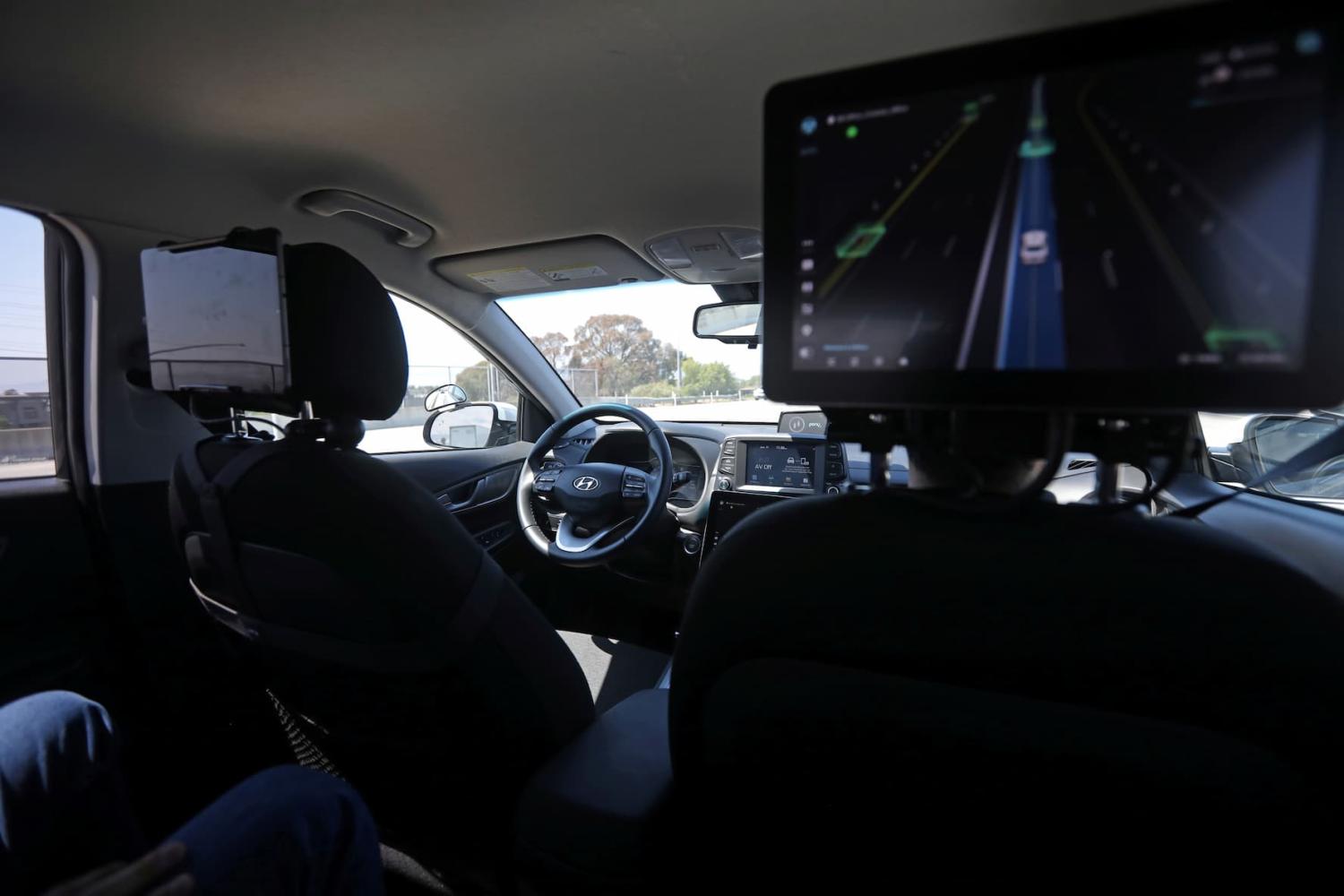An empty driver's seat is seen inside a vehicle equipped with Pony.ai's self-driving technology during a demonstration in Fremont, California, on June 17, 2021.