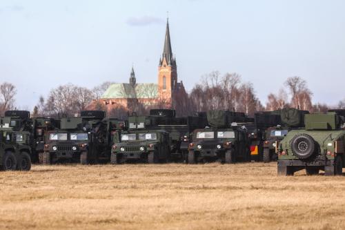 U.S. military vehicles are seen at the military base for U.S. troops which being established at the Mielec Airport. Mielec, Poland on February 12, 2022.