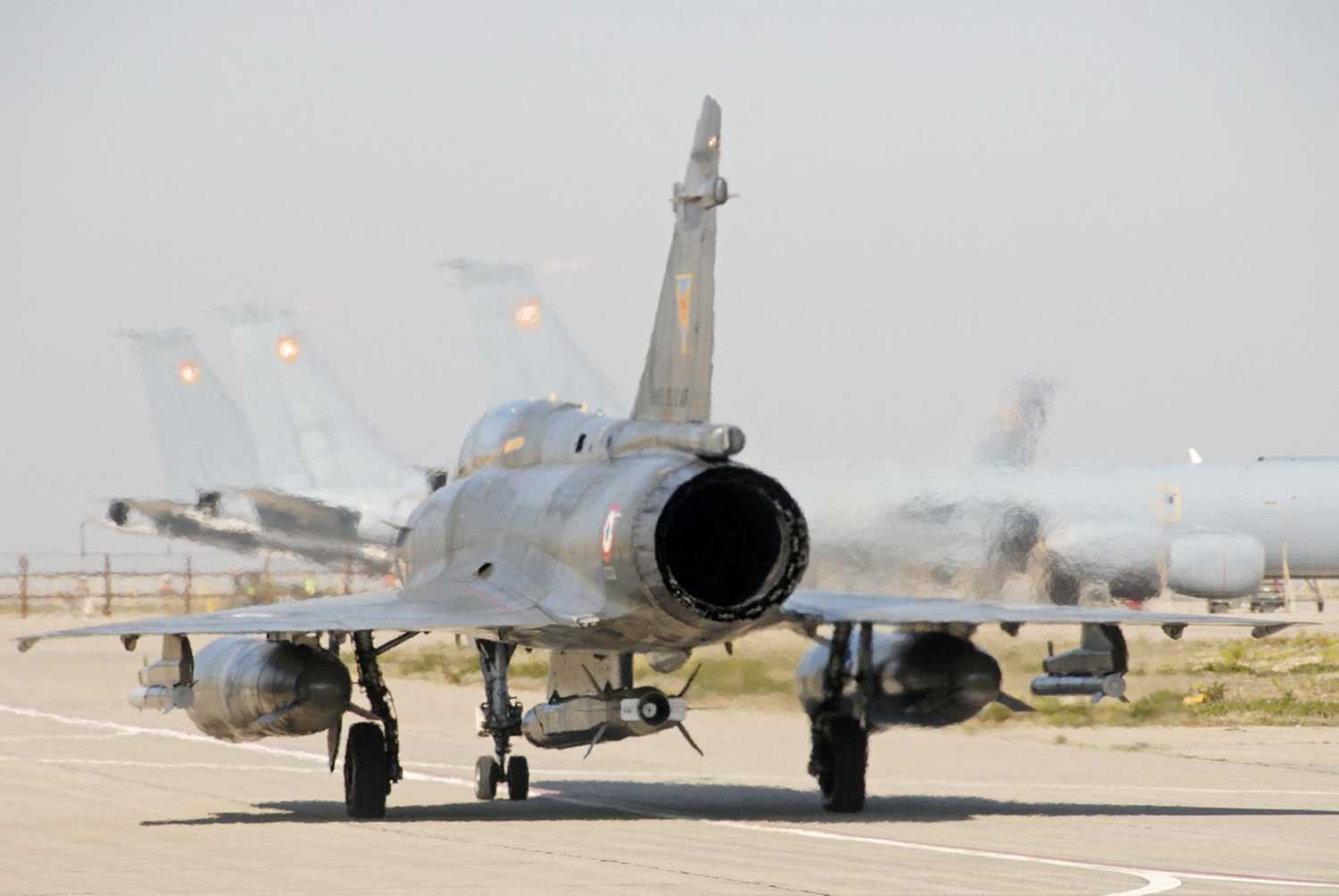 Handout photo shows a Dassault Super Etendard jet fighter carrying a ASMPA (medium-range air to surface missile) French nuclear air-launched cruise missile, taking off from Istres air base, south of France.