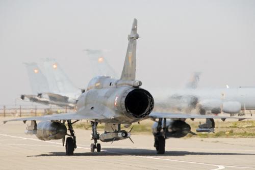 Handout photo shows a Dassault Super Etendard jet fighter carrying a ASMPA (medium-range air to surface missile) French nuclear air-launched cruise missile, taking off from Istres air base, south of France.