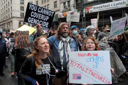 Protest Against Donald Trump and Elon Musk in New York City, US - 5 Apr 2025