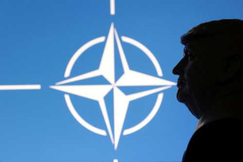 A 3D-printed miniature model of U.S. President Donald Trump with the NATO logo in the background is seen in this illustration taken April 23, 2025. REUTERS/Dado Ruvic/Illustration