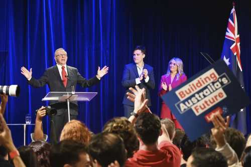 Australian Prime Minister Anthony Albanese speaks to supporters near Sydney on May 3, 2025, after his ruling Labor Party won majority seats in the general election and he secured a second consecutive three-year term.