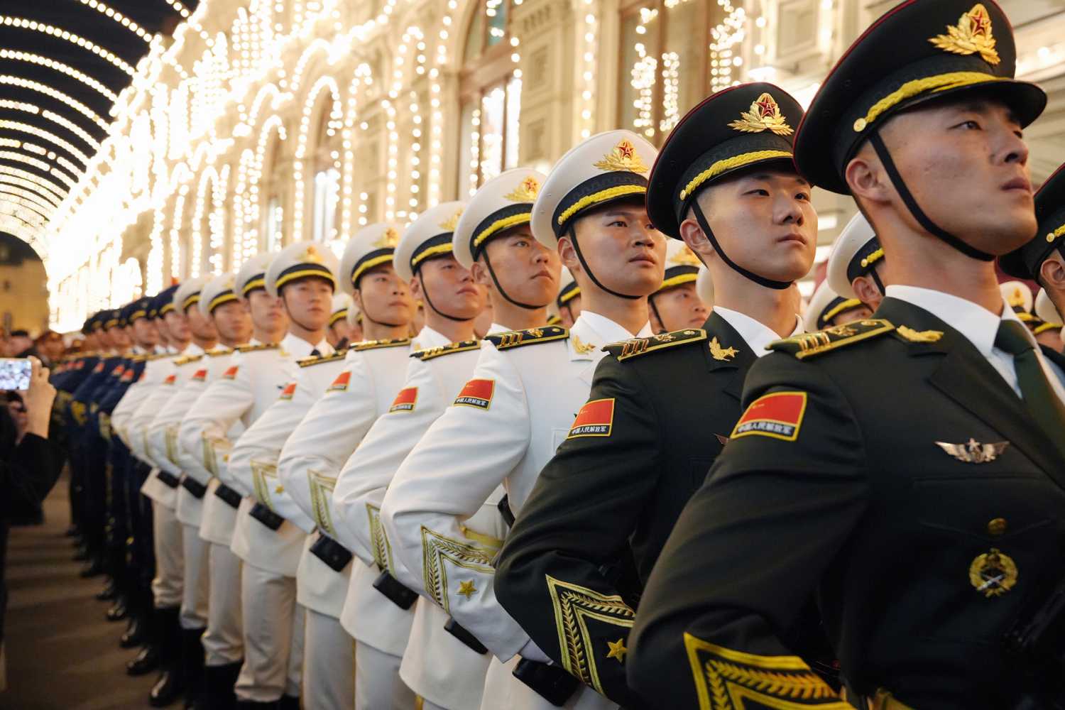 Honor Guard of the Chinese People's Liberation Army march toward the Red Square to attend the second rehearsal for the Victory Day military parade, at which Chinese President Xi Jinping will be in attendance, May 3, 2025, in Moscow, Russia.