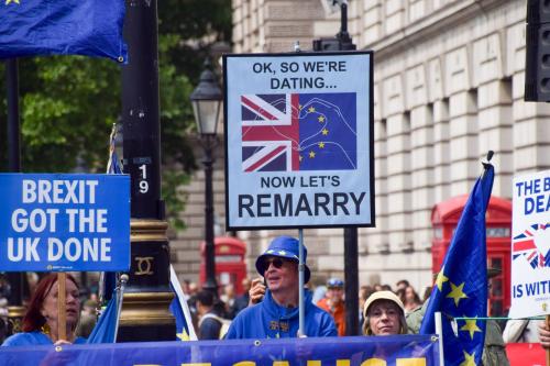 May 21, 2025, London, England, United Kingdom: Anti-Brexit activists gather in Parliament Square calling on the government to rejoin the EU, following the recent UK-EU summit.