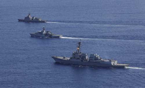 The Arleigh Burke-class guided-missile destroyer USS Dewey (DDG 105), near, Royal Navy offshore patrol vessel HMS Spey (P 234), center, and Philippine Navy guided-missile frigate BRP Antonio Luna (FF 151) steam in formation while participating in a photo exercise in the Philippine Sea as part of Maritime Training Activity Sama Sama, Oct. 8, 2023.
