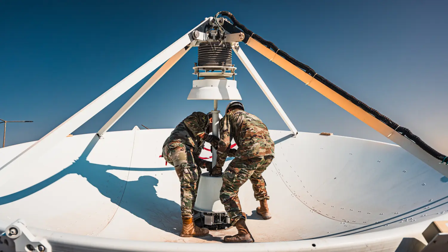 U.S. Space Force Guardians assigned to the 42nd Electromagnetic Warfare Combat Detachment swap an antenna feed on top of a large multi-band antenna within the U.S. Central Command area of responsibility, Nov. 25, 2024.