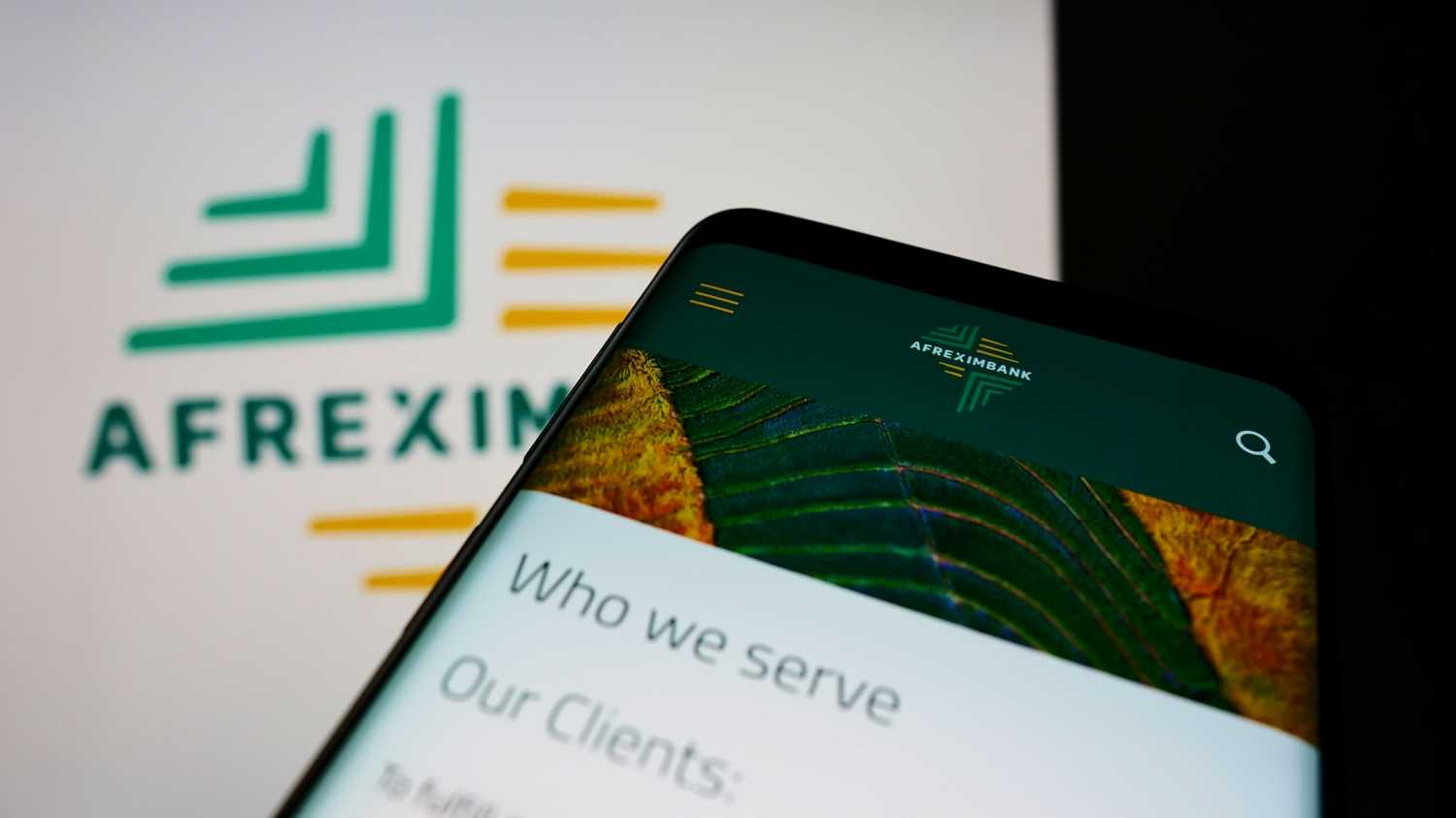 A smart phone displays the website of Afreximbank