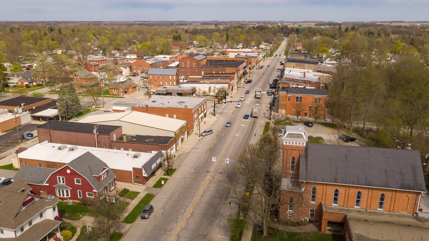 Traffic moves around downtown on Main Street in Indiana at North Rochester