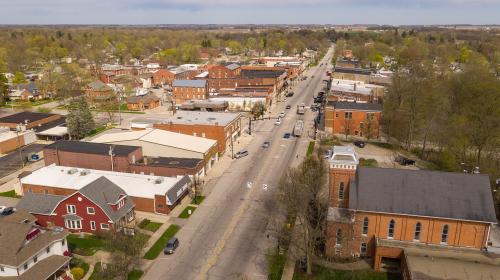 Traffic moves around downtown on Main Street in Indiana at North Rochester