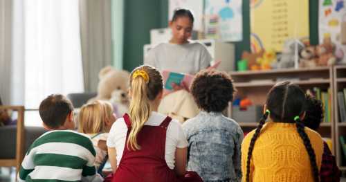 Preschool children and their teacher read a story together in a classroom.