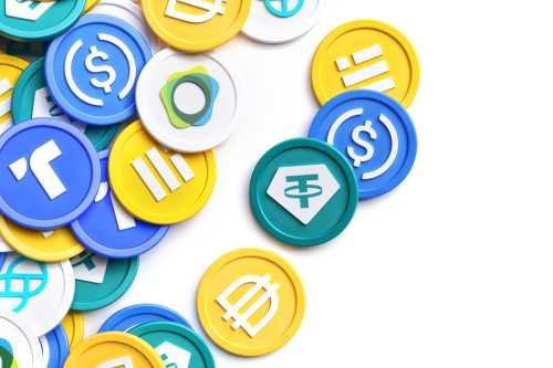 Bunch of crypto top trending stablecoin tokens by market capitalization November 2022. Tether Usdt, Usd coin, Binance Usd, Dai, Paxos, True Usd and Gemini Gusd 3D icons.