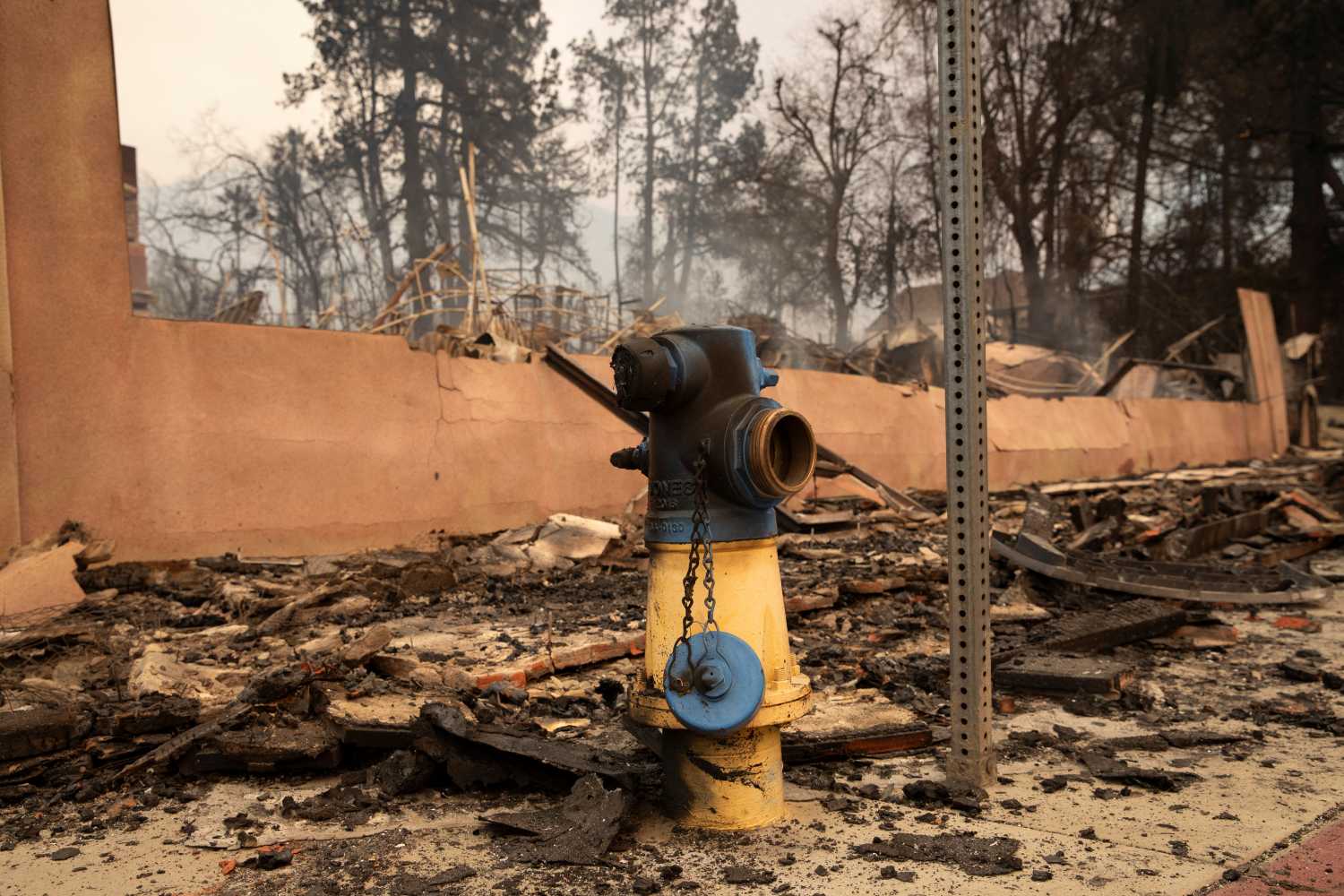 An open fire hydrant stands amidst a damaged neighborhood severely impacted by the wildfires in Altadena, California, January 9, 2025. REUTERS/Zaydee Sanchez