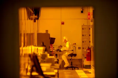 Jaehyun Park, a postdoctoral student at the University of California San Francisco, works in Marvell Nanofabrication Laboratory at the University of California at Berkeley in Berkeley, California, on May 12, 2014. Students and industry researchers use the facility to develop nanometer-scale materials.
