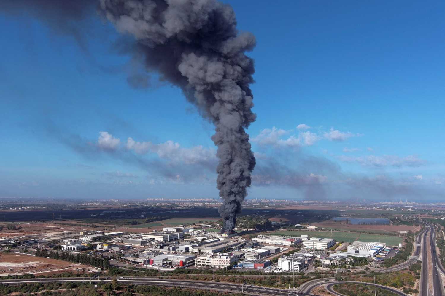 Smoke is seen in the Rehovot area as rockets are launched from the Gaza Strip, in Israel October 7, 2023.
