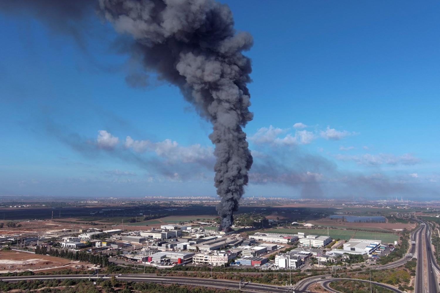 Smoke is seen in the Rehovot area as rockets are launched from the Gaza Strip, in Israel October 7, 2023.