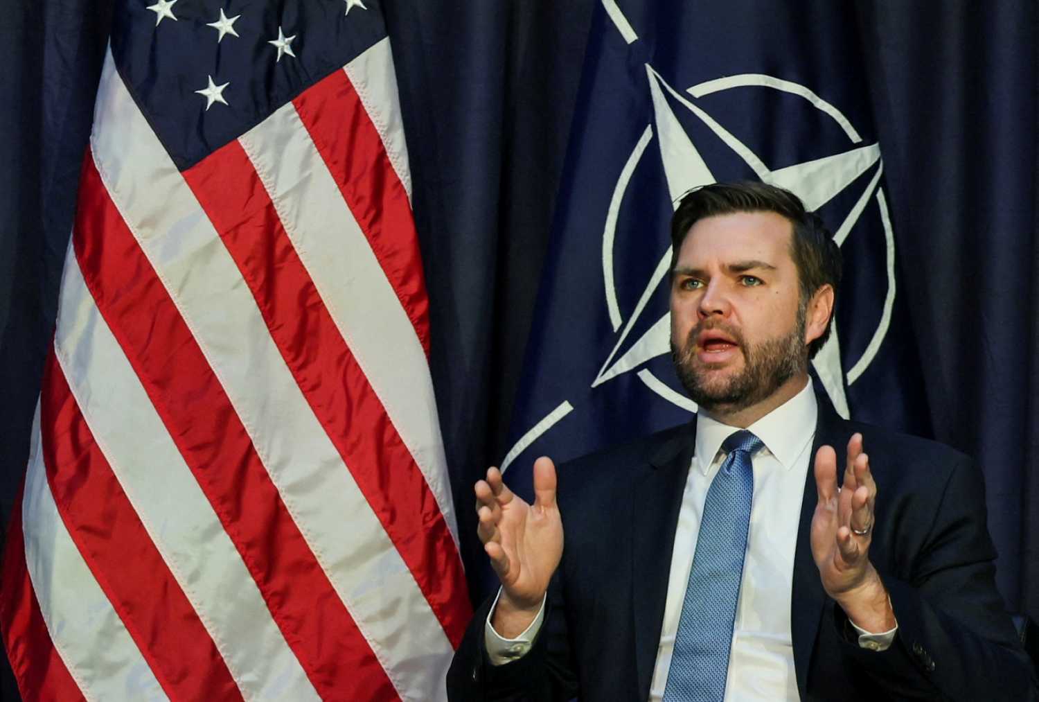 U.S. Vice President JD Vance participates in a bilateral meeting with NATO Secretary General Mark Rutte (not pictured) at the Commerzbank in Munich, Germany, February 14, 2025.