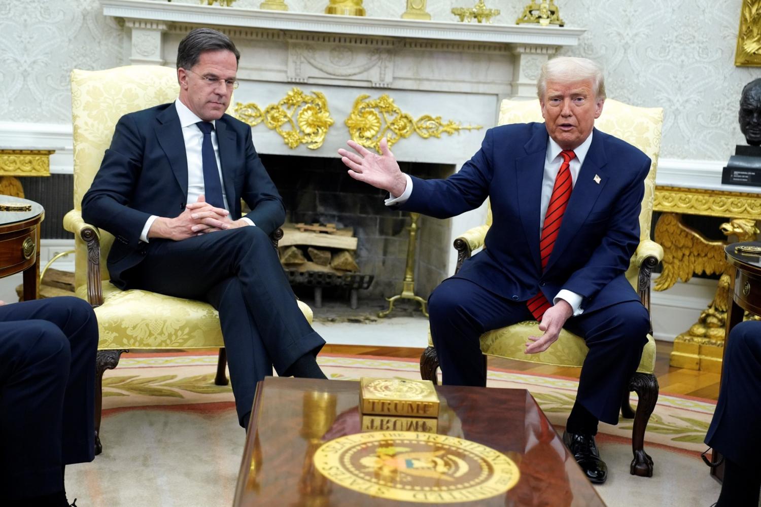 U.S. President Donald Trump meets with NATO Secretary General Mark Rutte in the Oval Office of the White House in Washington on March 13, 2025.