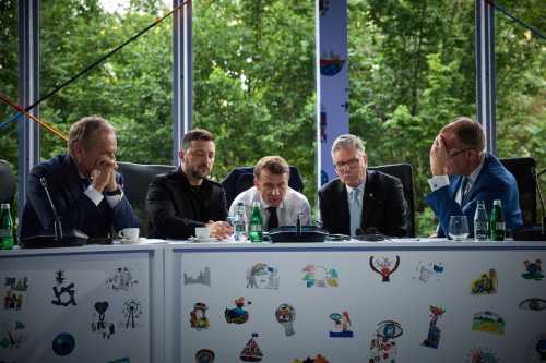 Ukraine's President Volodymyr Zelenskiy, Britain's Prime Minister Keir Starmer, France's President Emmanuel Macron, German Chancellor Friedrich Merz and Polish Prime Minister Donald Tusk speak with U.S. President Donald Trump via phone during the European Political Community Summit in Tirana, Albania May 16, 2025.