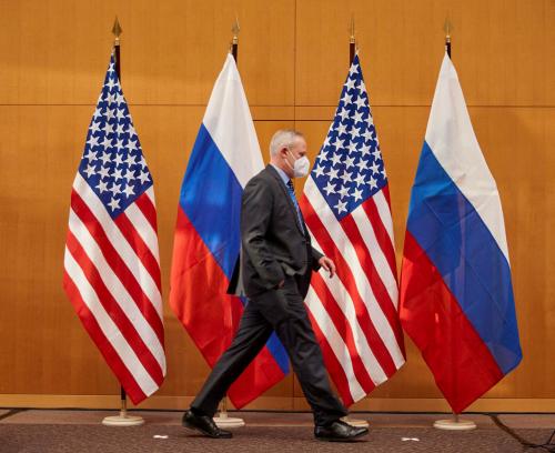 Russian and U.S. flags are pictured before talks between Russian Deputy Foreign Minister Sergei Ryabkov and U.S. Deputy Secretary of State Wendy Sherman at the United States Mission in Geneva, Switzerland January 10, 2022.