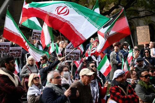 People gather at the Hands Off Iran rally at the State Library of Victoria in Melbourne, Sunday, June 22, 2025.