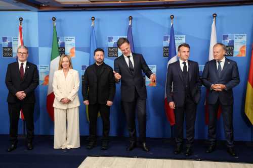 (From L) Britain's Prime Minister Keir Starmer, Italy's Prime Minister Giorgia Meloni, Ukraine's President Volodymyr Zelensky, NATO Secretary General Mark Rutte, France's President Emmanuel Macron, Poland's Prime Minister Donald Tusk and Germany's Chancellor Friedrich Merz pose within a meeting between the NATO Secretary General, the president of Ukraine, and leaders of E5 countries during a North Atlantic Treaty Organization (NATO) Heads of State and Government summit in The Hague on June 25, 2025.