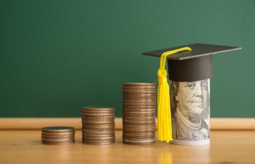 Piles of coins sit next to a 100-dollar bill with a graduation cap
