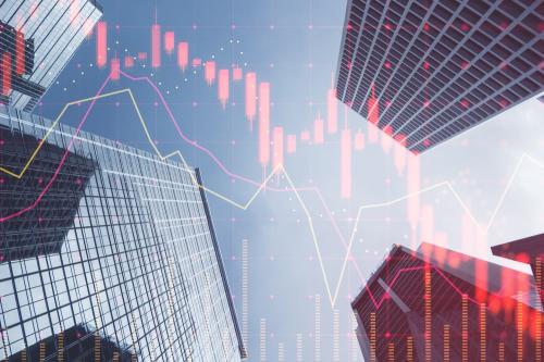 abstract banking charts overlaid on skyscrapers