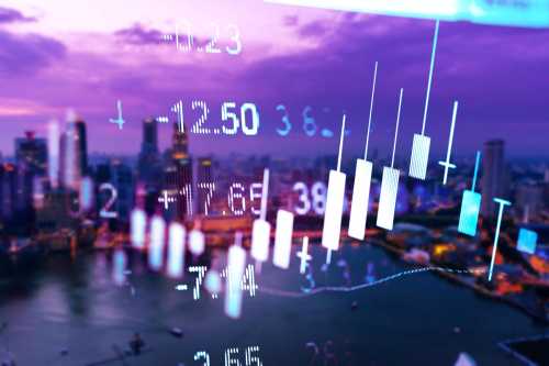 Candlestick graph laid over a city skyline
