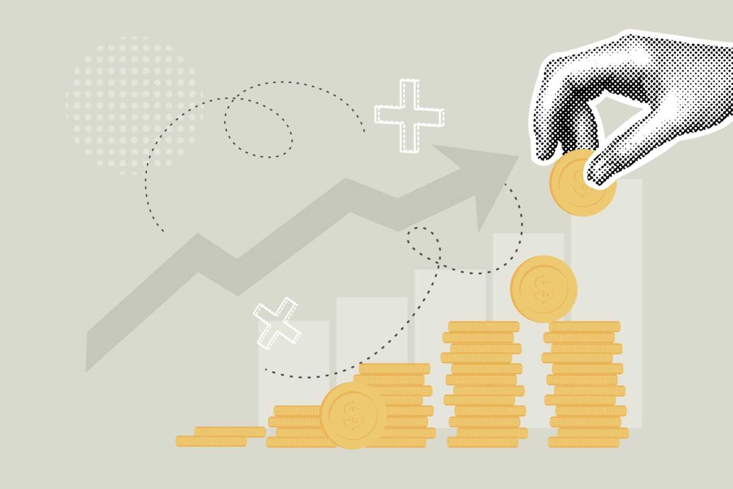 A hand adds to a pile of coins sitting in front of a column chart showing growth