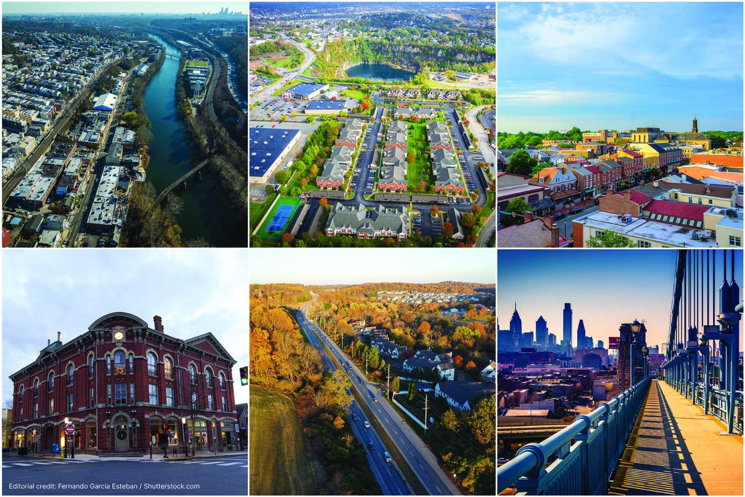 from left to right: Philadelphia county, Montgomery county, Chester county, Bucks county, Delaware county, and the Ben Franklin Bridge Philadelphia