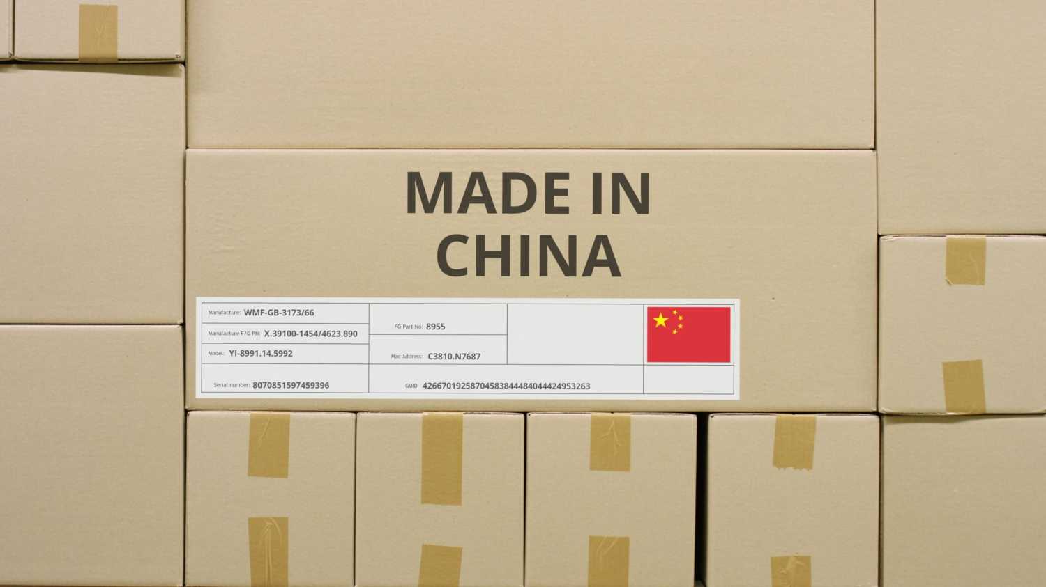 A stack of boxes with a "Made in China" label