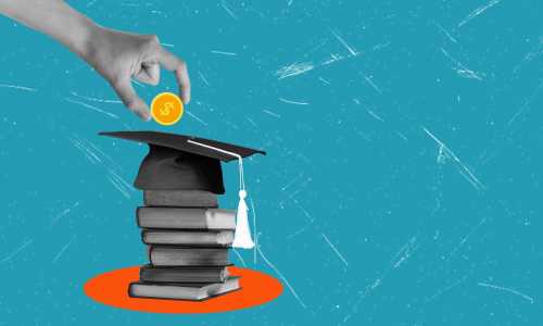 a hand dropping a cartoon coin into a graduation cap perched atop a pile of books, as one does