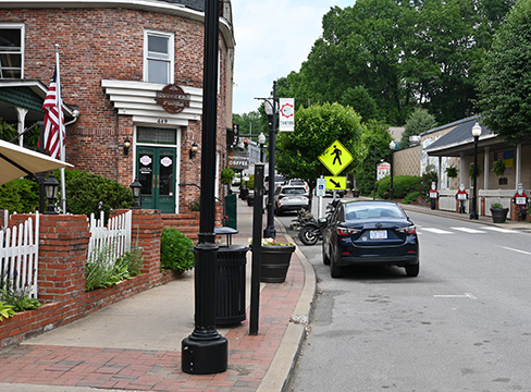 Lamp posts line a residential street
