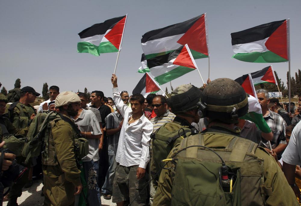 Palestinian protesters hold up flags in front of Israeli soldiers during a protest in the village of Bet In near Ramallah June 11, 2010.