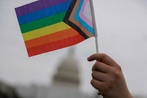 A pride flag waves near the U.S. Capitol in Washington, D.C. on March 31, 2023.