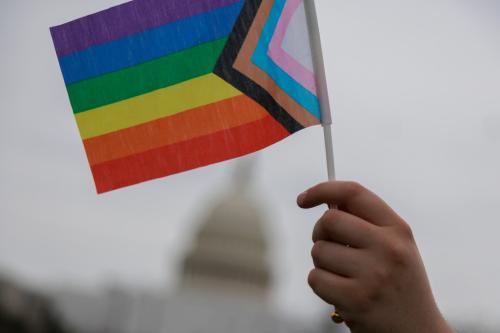 A pride flag waves near the U.S. Capitol in Washington, D.C. on March 31, 2023.