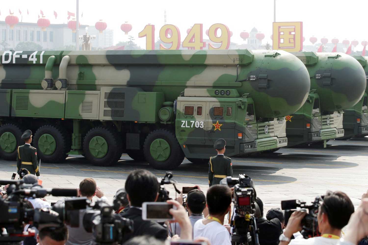 Military vehicles carrying DF-41 intercontinental ballistic missiles travel past Tiananmen Square during the military parade marking the 70th founding anniversary of People's Republic of China, on its National Day in Beijing, China, October 1, 2019.